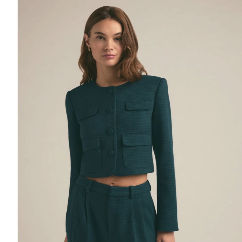 Favorite Daughter Dark Teal Cropped Button Houndstooth Emily Jacket XS - Picture 3 of 16